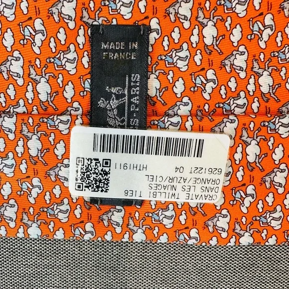 NEW Authentic Hermès Orange Paris Silk Tie Jockey Horse Clouds Print - Picture 11 of 12